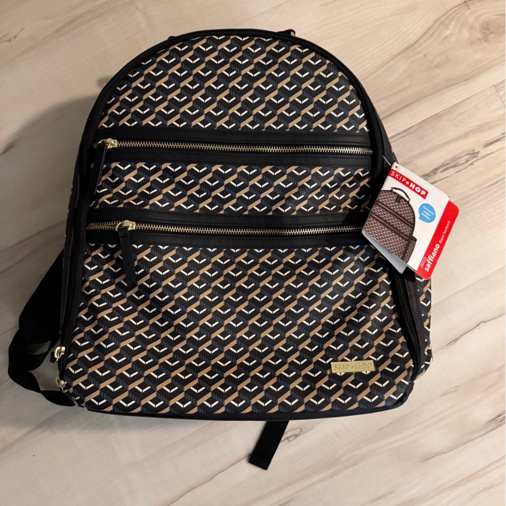 Skip Hop Black & Tan Patterned Diaper Bag Backpack w gold accents & changing pad